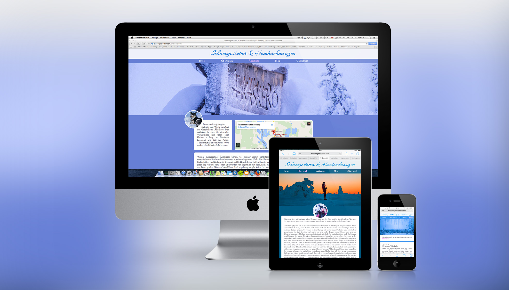 Website-Mockup Schneegestöber & Hundeschnauzen auf Desktop, Tablet und Smartphone
